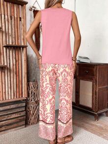 Breezaya Set da 2 pezzi da donna casual per vacanze con canotta tinta unita e pantaloni con cintura in vita a sacchetto e stampa all-over, primavera/estate - Rosa - Visualizzare 2