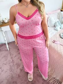Slumberry CURVE Conjunto de pijama cómodo y ajustado de talla grande con estampado de corazón a contraste y encaje a contraste - Rosa - Ver 4