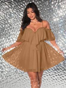 Viva Relle Plus Size Elegant Solid Color Off-Shoulder Spaghetti Strap Dress, Summer - Khaki - View 1