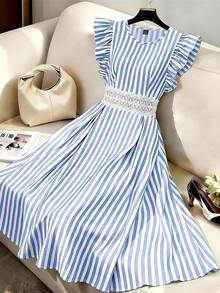 SHEIN Holidaya Women's Cotton & Linen Blue And White Stripe Midi Dress,Elegant Summer Holiday Tea Party Sleeveless A-Line Patchwork Waist Hollow Lace Decor Dress - Blue - View 4