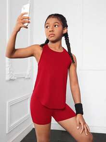 SHEIN Tween Girls' Casual Solid Color Racerback Tank Top And Shorts Set, Summer - Red - View 3