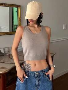 DAZY Áo vest dệt kim không tay cổ tròn ôm sát, chất liệu jacquard, thích hợp mặc mùa hè cho nữ. - Màu Khaki - Xem 5