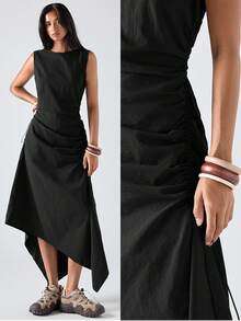 SHEIN EZwear Plus Size Solid Color Minimalist Sleeveless Dress, Casual Everyday Wear - Black - View 8
