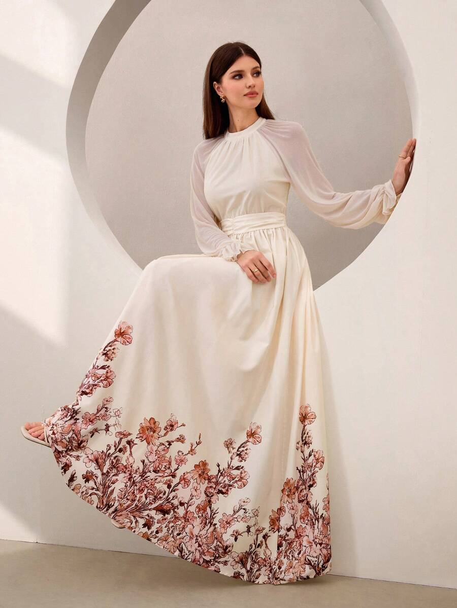 Graceveil Đầm dài thanh lịch màu mơ, phối lưới, in họa tiết, xếp ly ở eo, thích hợp cho tiệc tối. - Màu be - Xem 1