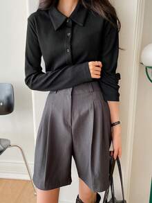 DAZY Ribbed Knit Button Front Top,Fall Clothes Long Sleeve Women Tops - Black - View 8