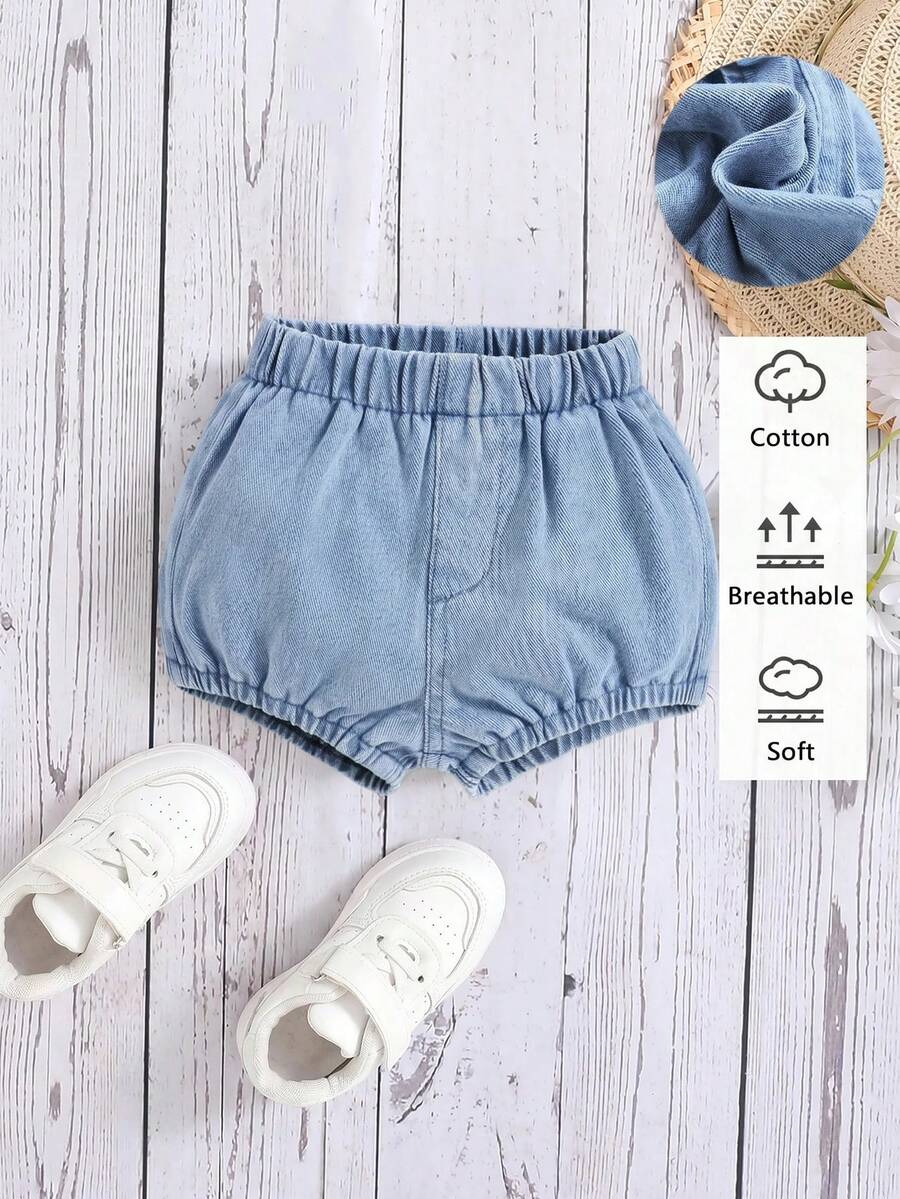 Baby Girl Washed Soft Denim Shorts, Comfortable For Daily Wear And Vacation - Light Wash - View 1
