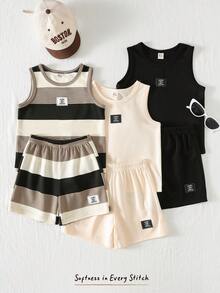 Cozy Pixies Young Boy Letter Print Crew Neck Tank Top And Shorts Casual Set - Multicolor - View 6