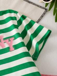 SHEIN 女孩时尚可爱纽约字母印花针织短袖T恤套装，适合休闲、运动、户外、度假等场合，女孩服装 - 綠色 - 查看 8