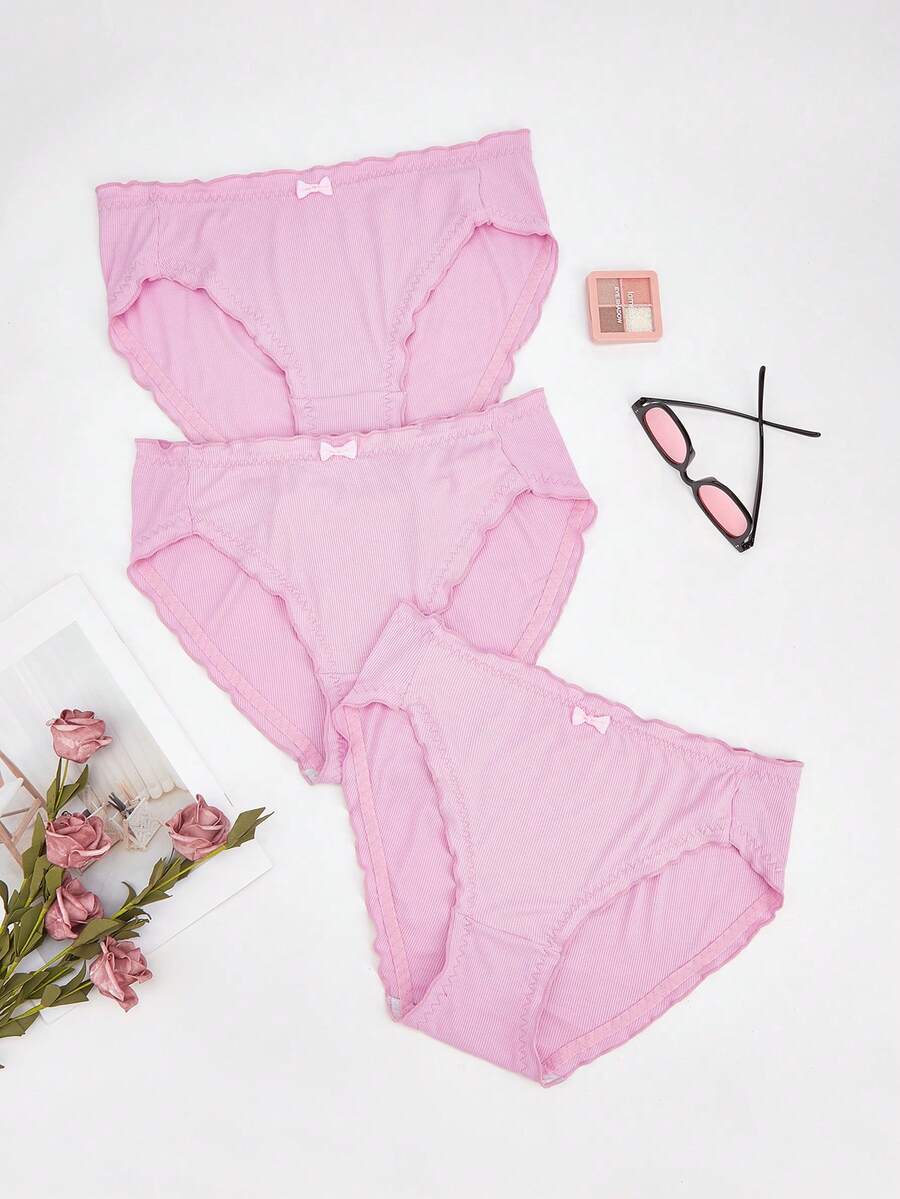 SHEIN 3条/包 大码舒适可爱蝴蝶结装饰荷叶边内裤 - 粉色 - 查看 1