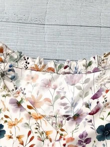 SHEIN Franclia 女士粉色度假风花卉印花V领荷叶边短袖宽松衬衫 - 淺灰紫 - 查看 3