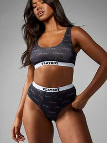 Missguided x Playboy 复古风格全印花 Bralette 带松紧带圆领内衣经典印花设计复古系列 - 黑色 - 查看 4