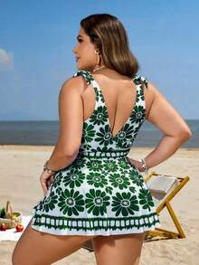 Swim Lushoire Traje de baño tankini de 2 piezas para mujer talla grande con estampado floral, de moda, casual para vacaciones, holgado, con Bottom de cintura alta - Verde - Ver 2