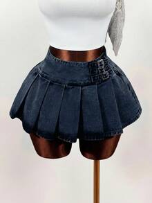 Mistrie Rok Mini Denim Lipit Kasual Wanita, Musim Panas - Dark Wash - View 4