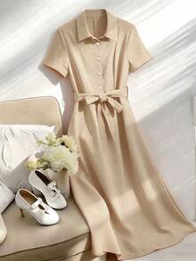 Franclia Polo Collar Elegant Slimming Linen Dress - Khaki - View 3