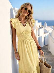 SHEIN Holidaya Women's Solid Color V-Neck Cap Sleeve Waist Ruched Dress, Vacation - Butter Yellow - View 9