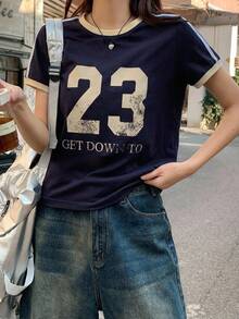 DAZY 女款對比色字母貼帶裝飾休閒街頭風運動短袖T恤，校園風 - 黑色 - 查看 4