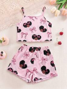 SHEIN 2pcs/Set Young Girl Knitted Cute Girl Pattern Camisole And Shorts Pajamas Set - Multicolor - View 2