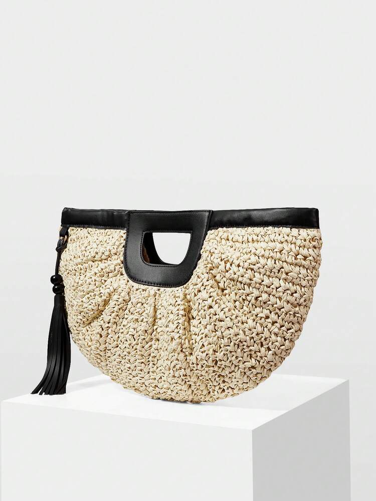 LADIES' FASHIONABLE BEIGE STRAW HANDBAG, SEMI-CIRCULAR DESIGN, EXQUISITE VACATION FRINGED BAG, SUITABLE FOR VACATION, TRAVEL, BEACH, SEASIDE, BOHEMIAN MATCHING