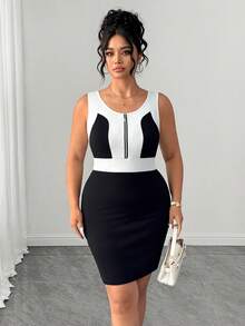SHEIN Clasi Plus Size Colorblock Round Neck Sleeveless Fitted Zipper Fashion Dress - Black and White - View 1