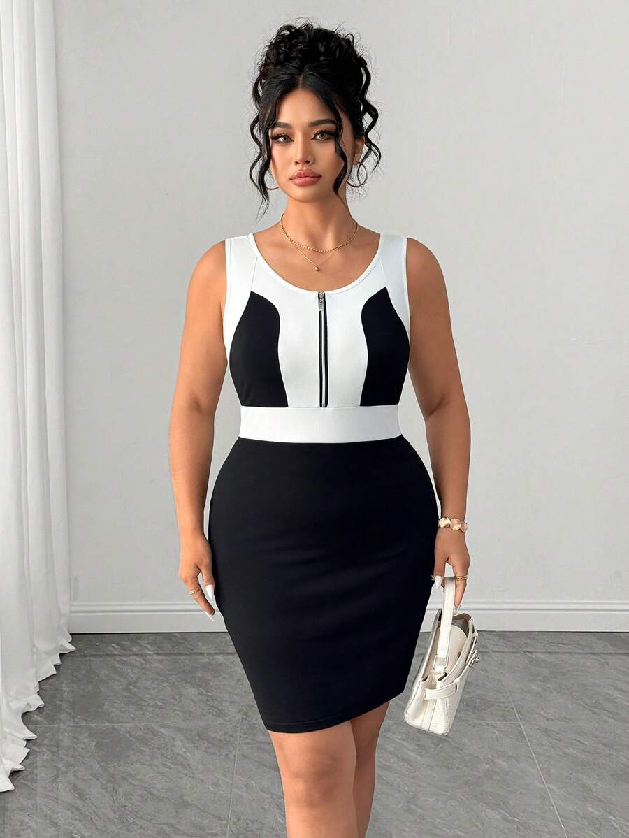 SHEIN Clasi Plus Size Colorblock Round Neck Sleeveless Fitted Zipper Fashion Dress - Black and White - View 1