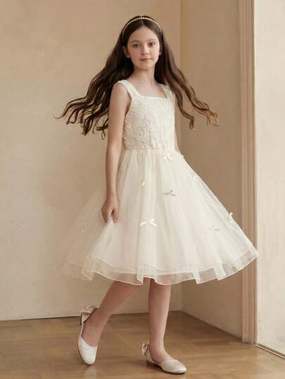Anewsta Summer Party Girl Dress, Textured Fabric + Mesh Flared Sleeveless Spaghetti Strap Bow Tie Dress