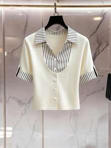 SHEIN Franclia 女士条纹拼接 Polo 领短袖 T 恤，印花通勤休闲短袖衬衫领纽扣上衣，2026 春夏新款上衣 - 杏色 - 查看 6