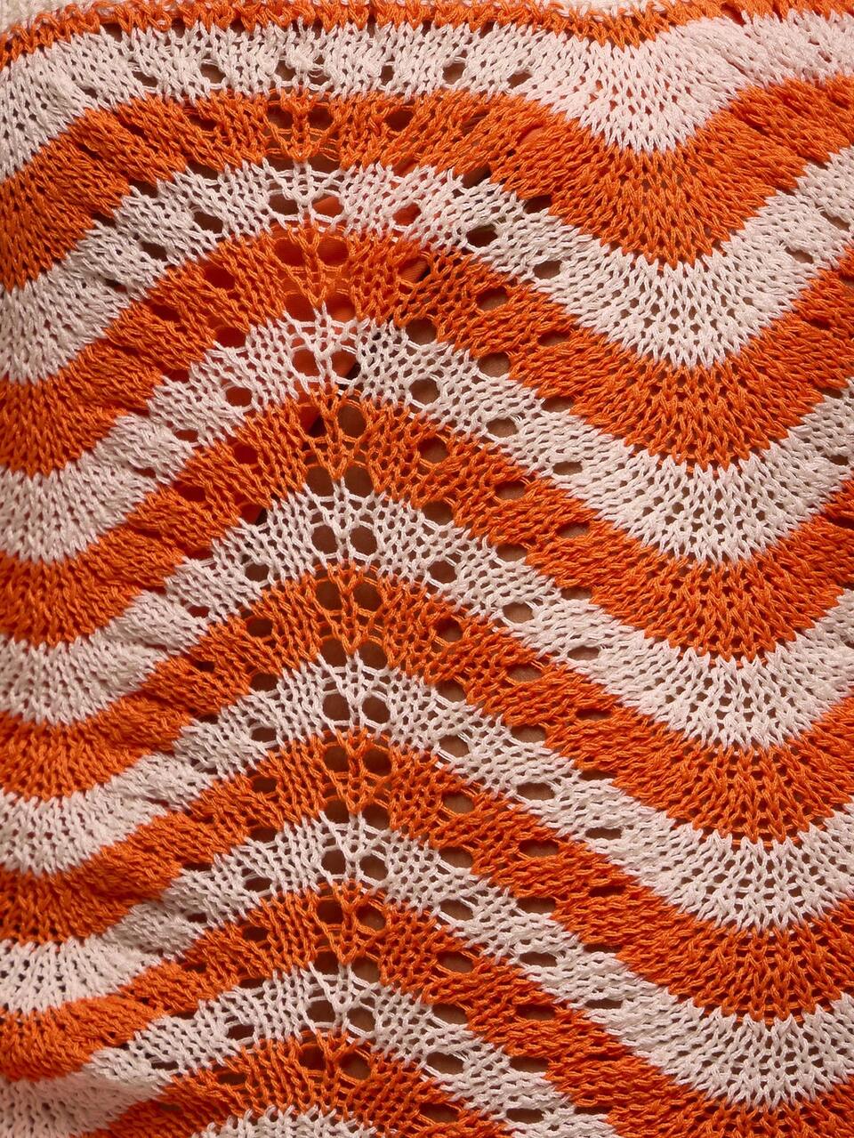 Orange And White Striped Crochet Knit Scalloped Hem Elasticated Waist Fitted Mini Skirt