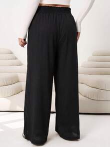 SHEIN CURVE+ Pantalones anchos de pierna ancha con cordón en la cintura, unicolor, talla grande para mujer - Negro - Ver 2