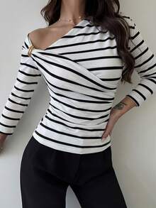 Firerie Women's Asymmetric Shoulder Wrap Ruched Waist Tight Fit T-Shirt, Metal Decor, Elegant Modest Commute Date Night Tops, Black And White Striped, Autumn - Black and White - View 4