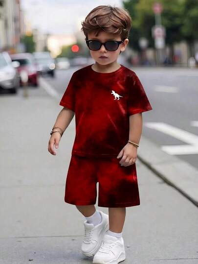 Young Boy Casual Tie-Dye Print Round Neck Short Sleeve T-Shirt And Shorts Set
