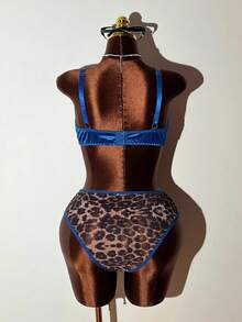 Bare Chapter Plus Size Sexy Leopard Print Colorblock Satin & Mesh Top + Panty 2-Piece Set - Blue - View 6