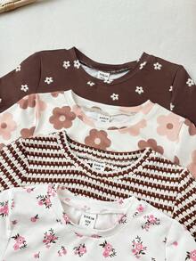SHEIN 4 piezas Blusas de manga corta con estampado y dobladillo ondulado acanalado, lindas para niñas, verano - Multicolor - Ver 3