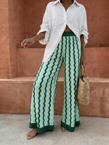 Flora Isola Flora Isola Vacation Bohemian Pink Wavy Stripe Women Pants - Green - View 5