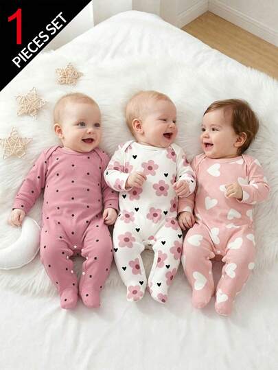 SHEIN Vintaside Kids [Random 3 Sets, Send 1 Set] Cute Heart All-Over Print, Artistic Floral Print, Pink Polka Dot Print, Newborn Romper Jumpsuit, Comfortable And Convenient, Spring/Summer Soft Casual Pajamas Set, Makes Baby Look Adorable And Lively, Soft And Comfortable Fabric, Provides Motherly Embrace Feeling For Newborns.