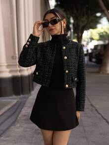Andrea Bello Women's Autumn/Winter Metal Button Short Jacket Fall Cloth For Women Black - Black - View 5