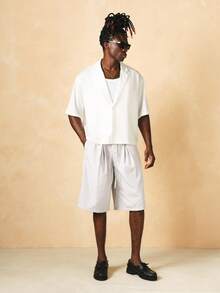 SUMWON Cropped Short Sleeve Blazer With Notch Lapel Solid Relaxed Fit Summer Smart Casual Jacket - White - View 3