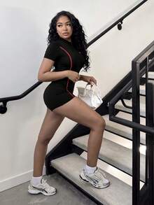 Alexandranx 女款短袖拉鍊字母印花緊身連身褲 運動連身衣 健身連身衣 性感女裝 黑色 夏季 - 黑色 - 查看 6