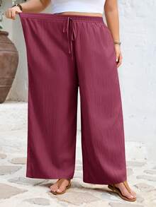 SHEIN CURVE+ Curve 尺码 US22 音乐节、海滨度假、波西米亚风两件套休闲纹理褶皱面料基础直筒裤，略微透视 - 彩色 - 查看 7