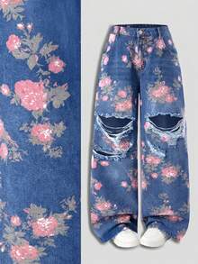 SHEIN MOD 大码女式印花做旧口袋纽扣休闲日常牛仔裤 - 中等水洗藍 - 查看 1