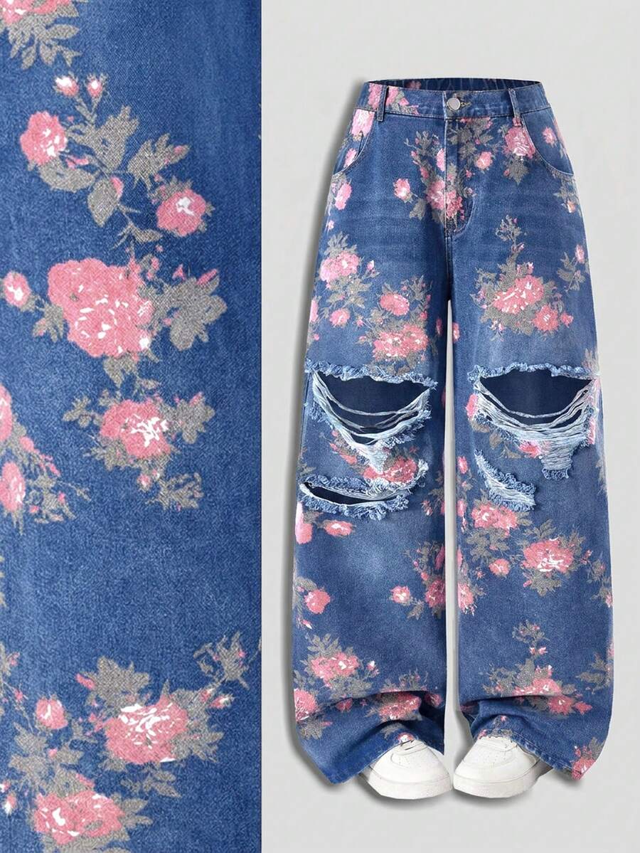 SHEIN MOD 大码女式印花做旧口袋纽扣休闲日常牛仔裤 - 中等水洗藍 - 查看 1