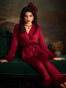 PinupPomp Fuzzy Trim Belted Satin PJ Set - Burgundy - View 5