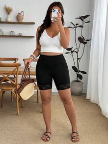 Enliva Plus-Size Summer Casual Stretch Leggings, Lace-Trimmed Five-Point Cycling Shorts, Summer Cooling Fabric Leggings, For Apple And Rounded Body Shape - Black - View 4