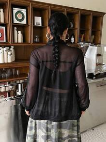 Muchica Sheer Black Casual Jacket For Women Fall - Black - View 2