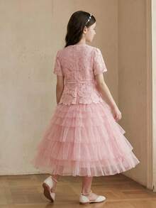 Anewsta Girls' Summer Dress Festival Outfits, Round Neck Pink Bow Tulle & Lace Patchwork Dress - Pink - View 2