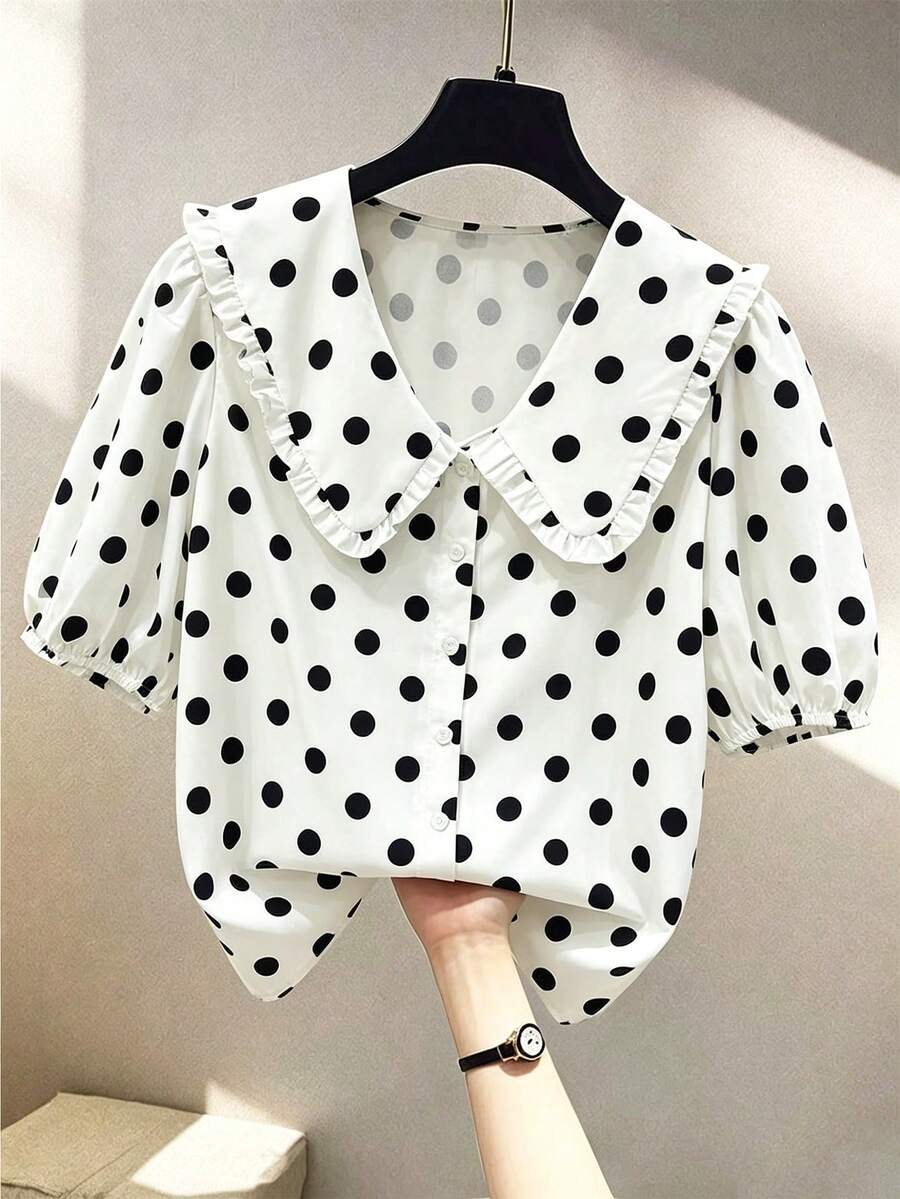 Franclia Fashionable Daily Versatile Peter Pan Collar Petal Sleeve Single-Breasted Loose Women's Blouse - Black and White - View 1