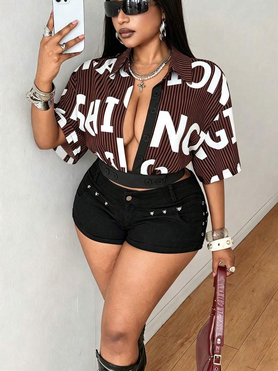 Maweii 大码女式夏季休闲翻领衬衫,适合日常休闲、聚会和度假穿着 - 棕色 - 查看 1