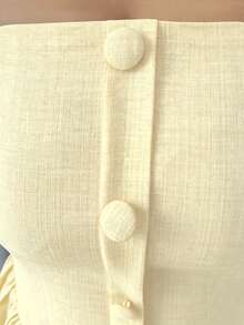 Nuevo vestido corto elegante y versátil para mujeres con tirantes de hombro anudados, textura de tejido de dos tonos y ajuste ceñido para uso diario - amarillo ganso - Ver 7
