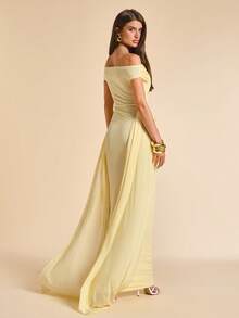 SHEIN BAE Summer Elegant Romantic Pale Yellow Ruched Dress,Tropical Cocktail Party Dinner Style,Ideal For Beach Vacations,Parties,Music Festivals,Nightclubs - Light Yellow - View 2