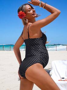SHEIN 26SS 夏季海滩度假复古波点钢圈基础休闲孕妇连体泳衣 - 黑與白 - 查看 10