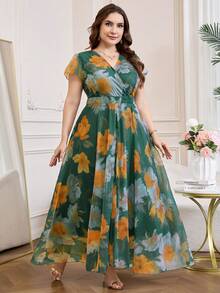 SHEIN Clasi Đầm cỡ lớn in hoa, tay ngắn, kiểu vạt chéo, eo nhún. - màu xanh lá - Xem 9
